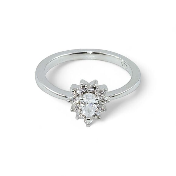 Sterling Silver Jewelry - Sterling Silver 925 Clear CZ Dainty Pear Halo RIng